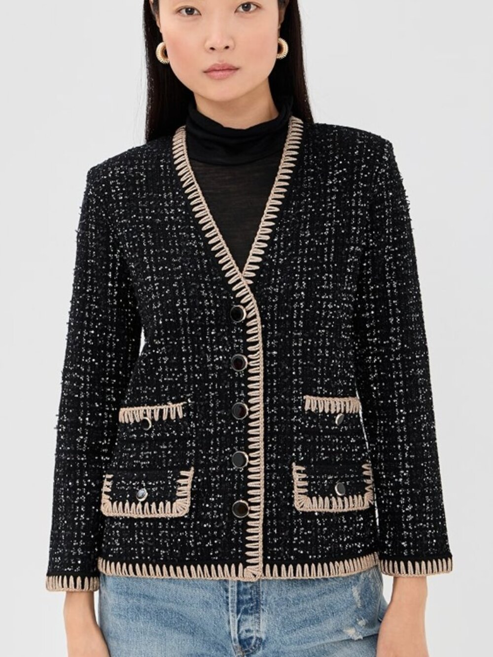 Veronica Beard Black Sparkly Boucle’  Sweater Jacket LargeCeriani Knit Jacket